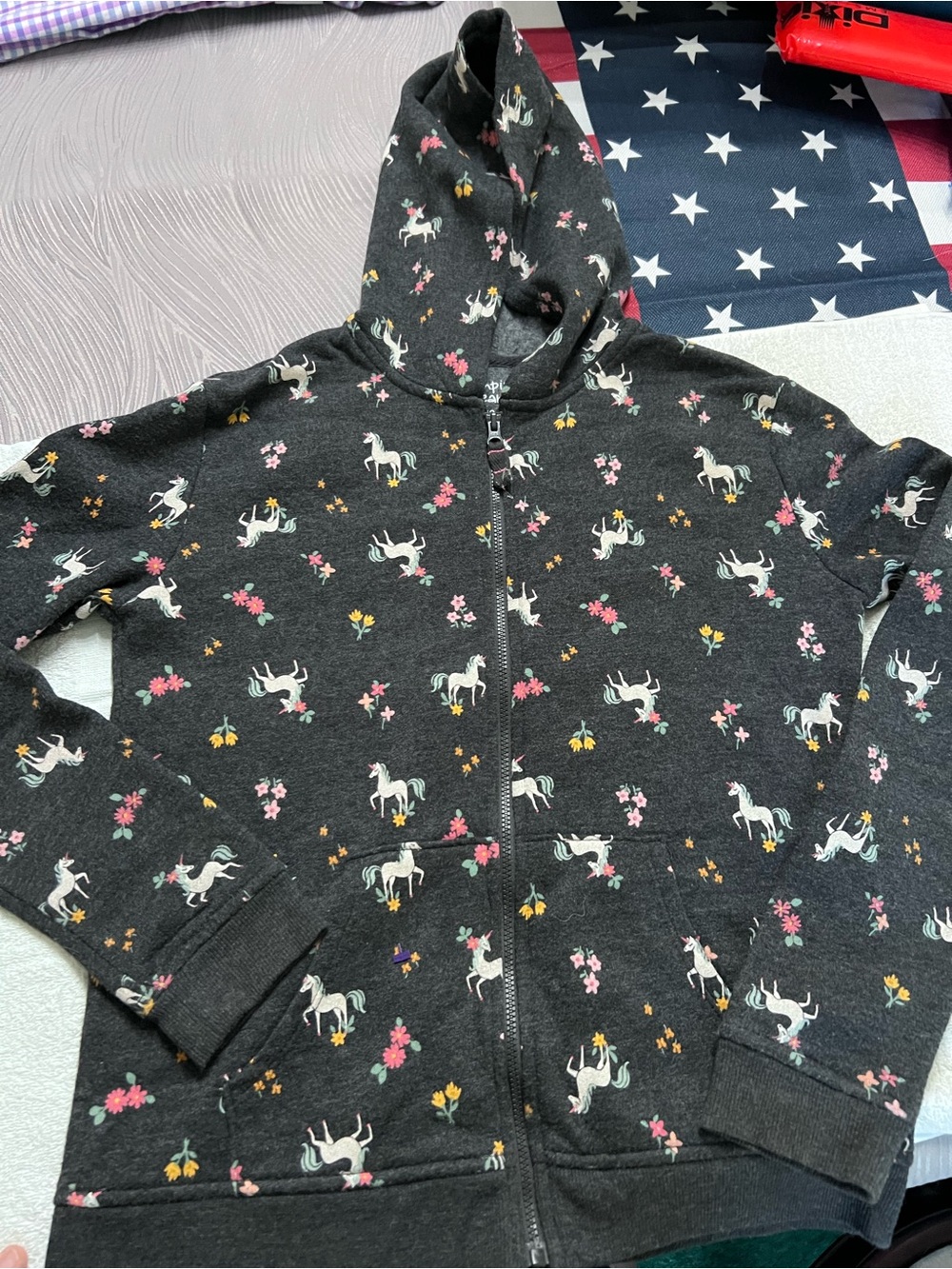 Jumping Beans Girls Size 12 Charcoal Unicorn Floral Fleece Zip Hoodie